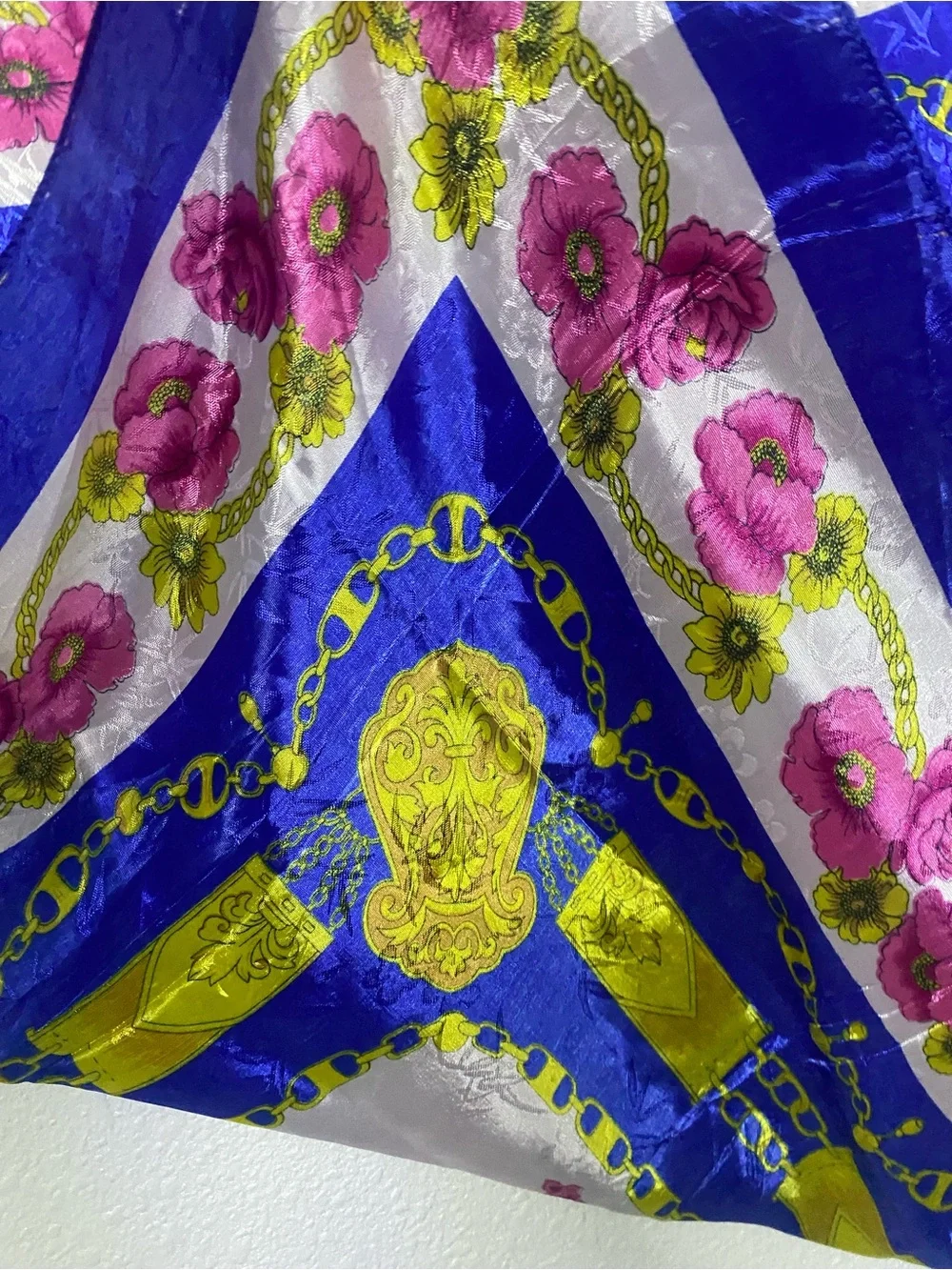 Floral Silk-Feel Square Scarf in Royal Blue, Pink & Gold 35x35”